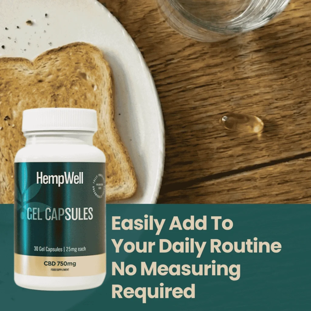 Bottle of HempWell CBD gel capsules on a plate with a slice of toast and a teal banner reading “Easily Add To Your Daily Routine No Measuring Required.”