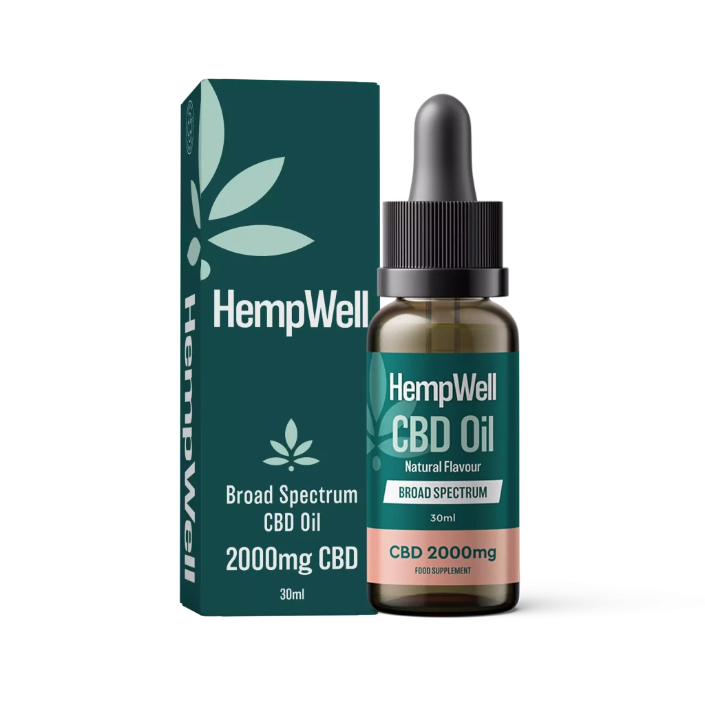 HempWell broad spectrum CBD oil 2000mg bottle and box