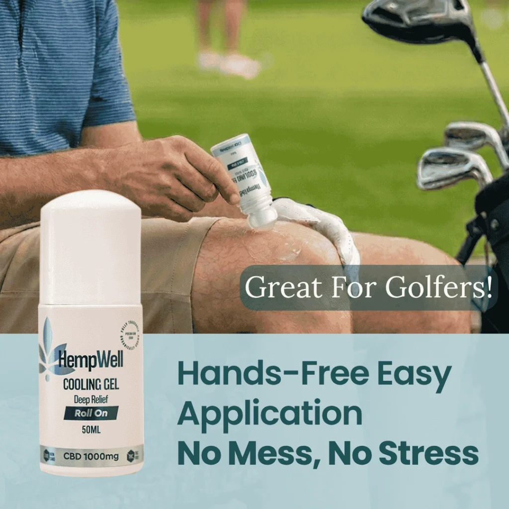 Man applying HempWell cooling gel to his knee on a golf course; bottle visible, banner reads 'Great For Golfers!'