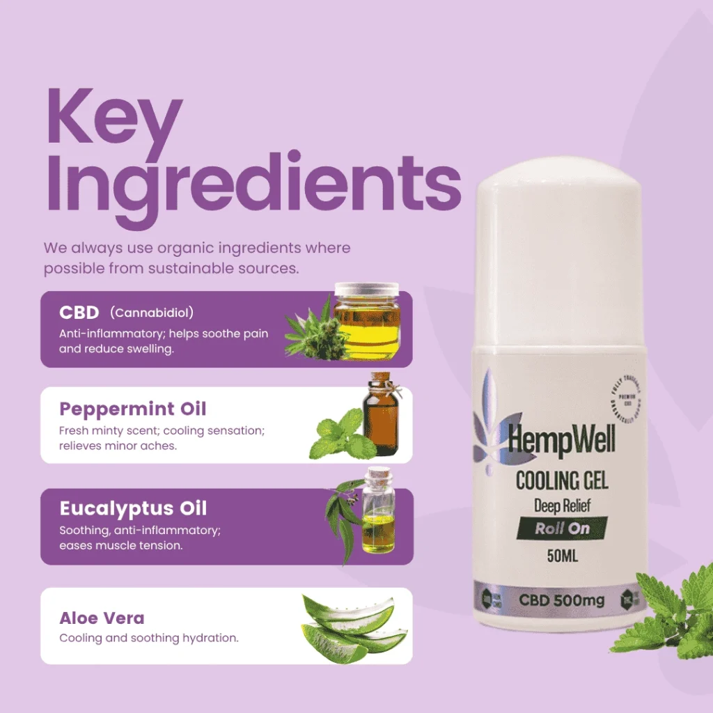 Infographic titled Key Ingredients: CBD, peppermint oil, eucalyptus oil, and aloe vera with a HempWell cooling gel bottle on a purple background.
