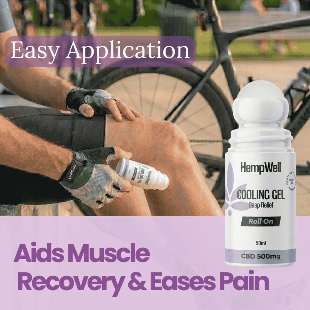 Person applying HempWell Cooling Gel to knee during outdoor bike ride; product bottle visible in foreground.