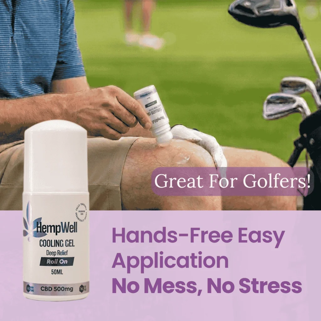 Person applies HempWell Cooling Gel to knee; bottle shown on the left, with a purple 'Great For Golfers' banner nearby.