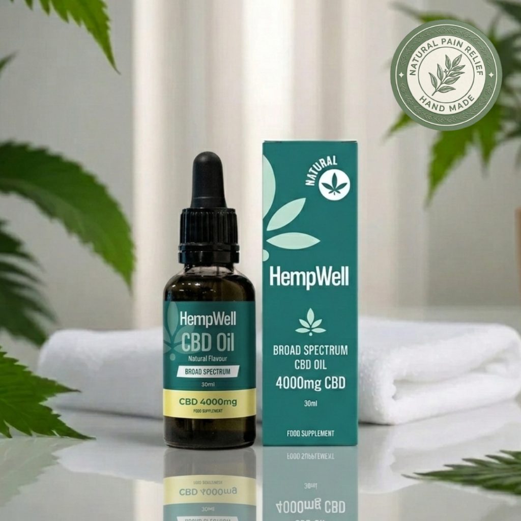 Bottle and teal-box packaging for HempWell CBD Oil, 4000 mg, Broad Spectrum, 30 ml, with dropper cap on a reflective surface.