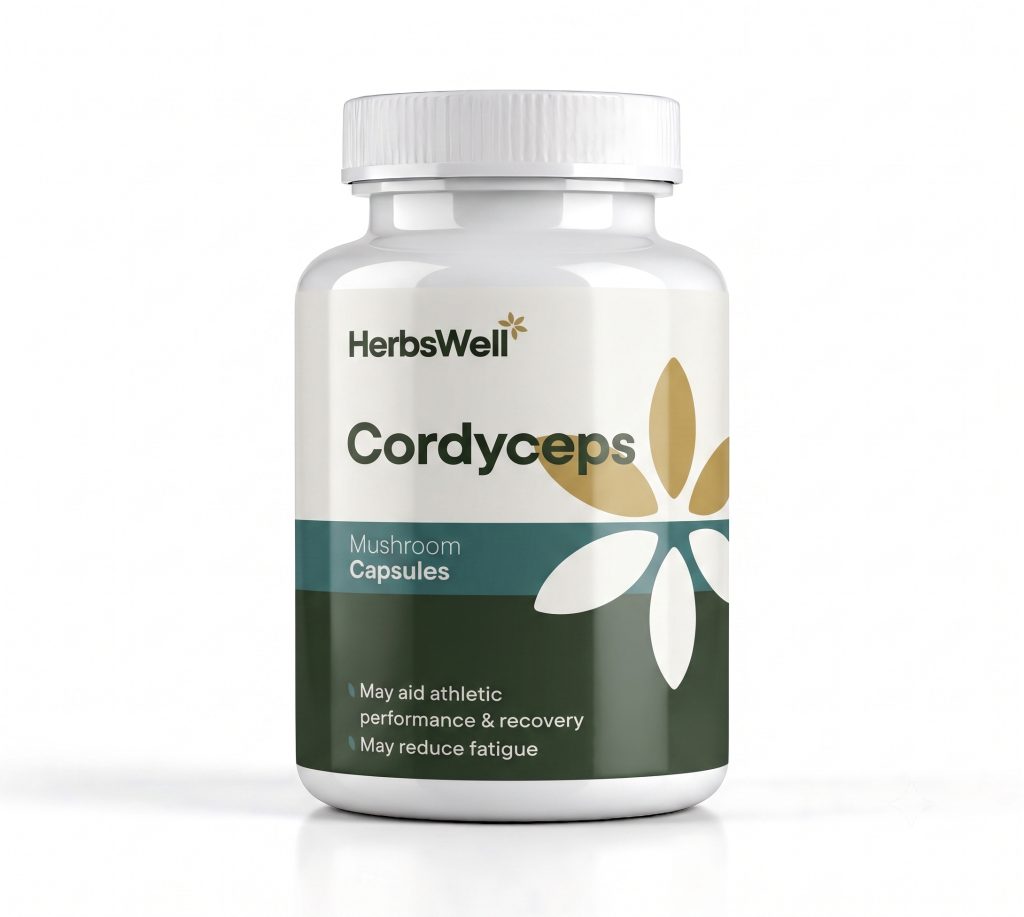 HerbsWell Cordyceps Mushroom Capsules bottle label showing name, teal band, and decorative plant graphic on white container.