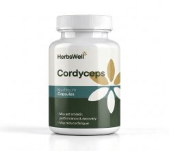 HerbsWell Cordyceps Mushroom Capsules bottle label showing name, teal band, and decorative plant graphic on white container.