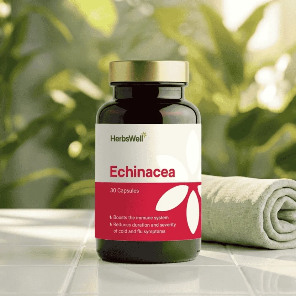 Bottle of HerbsWell Echinacea capsules (30) on a tiled counter with a rolled green towel in the background; promotes immune support.