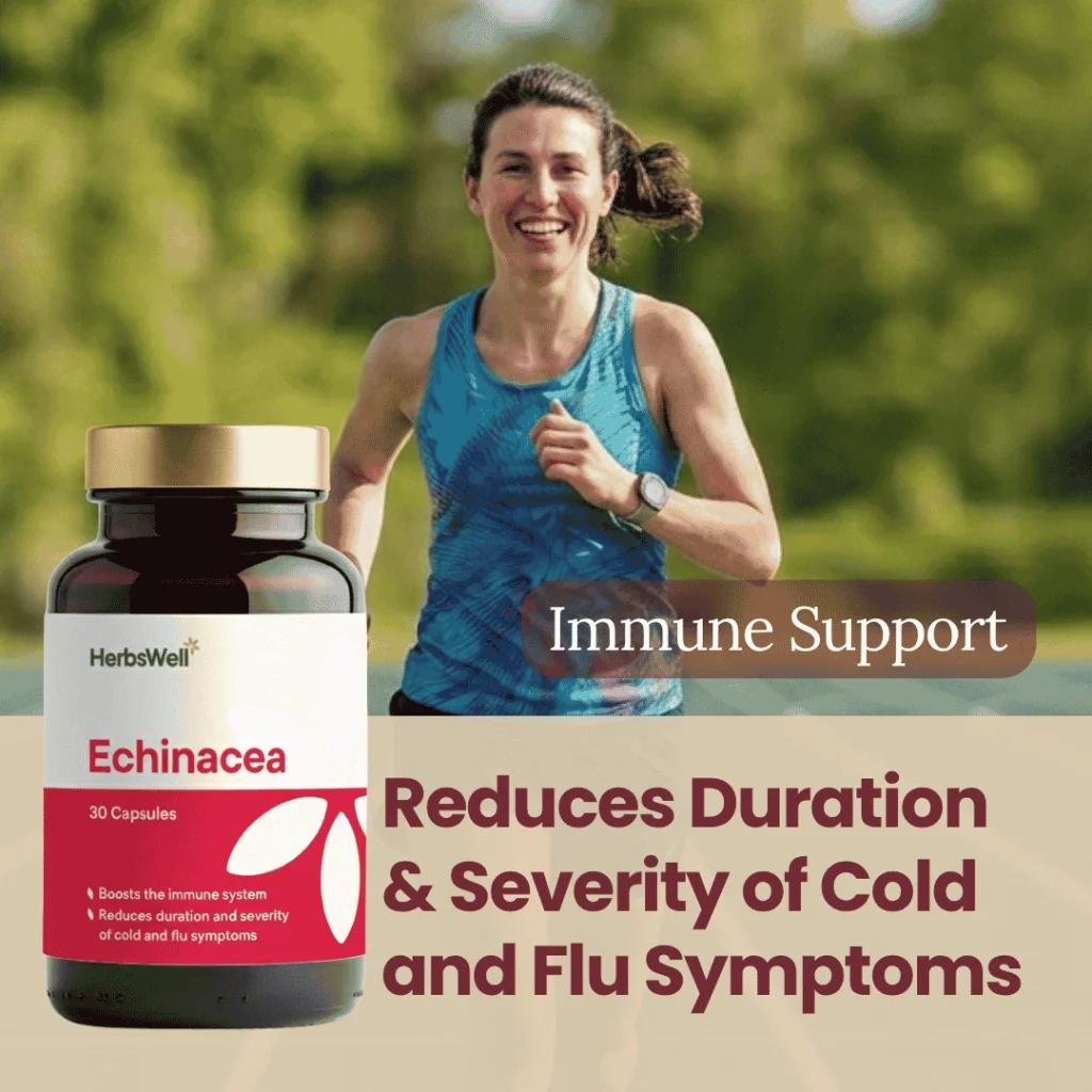 Runner outdoors next to a bottle of HerbsWell Echinacea immune-support capsules; overlay text promotes reducing cold symptoms duration and severity.