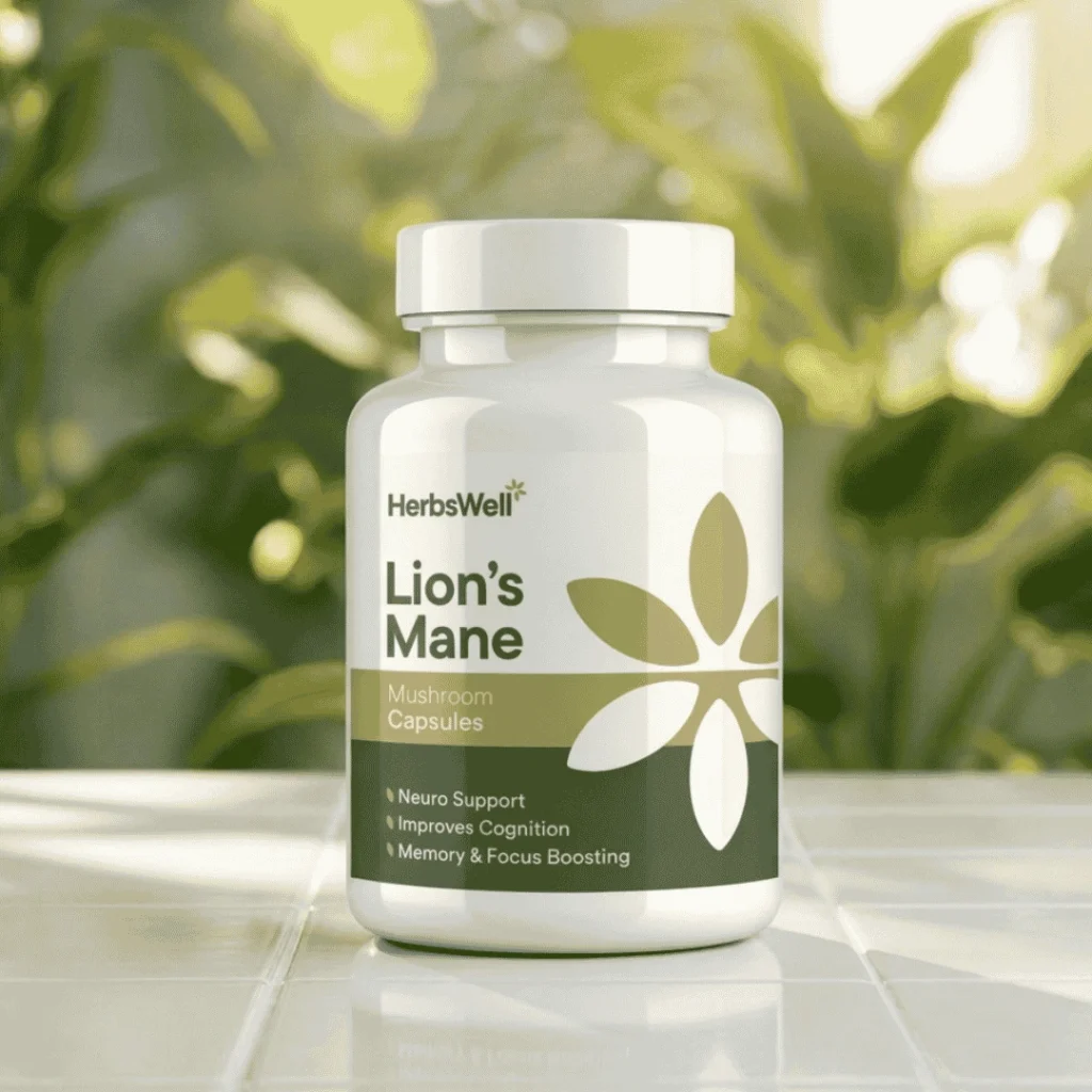 Bottle of HerbsWell Lion's Mane mushroom capsules on a white tiled surface with green plant background.