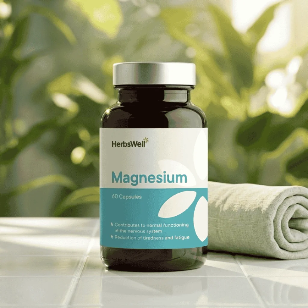Bottle of HerbsWell Magnesium capsules on a tiled surface with a rolled towel in the background, label reads 'Magnesium'.
