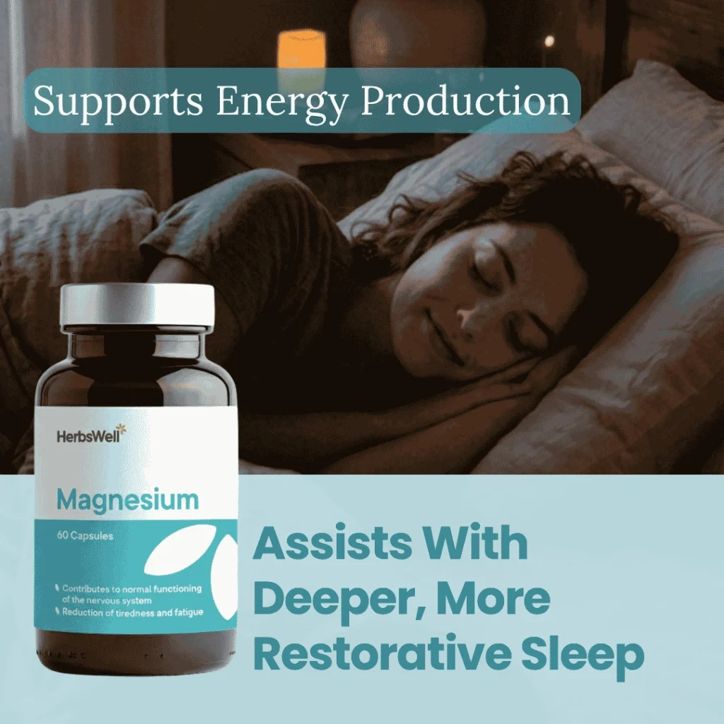 Magnesium supplement bottle in foreground with a person sleeping in the background; promotional text emphasizes energy production and deeper, more restorative sleep.