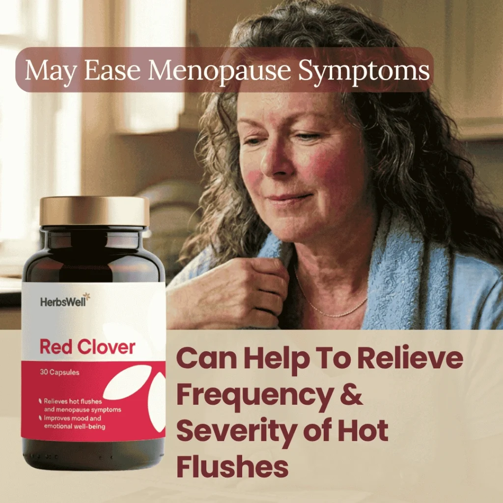 Bottle of HerbsWell Red Clover supplement beside a woman in a kitchen, with the headline 'May Ease Menopause Symptoms' overlayed on the image.