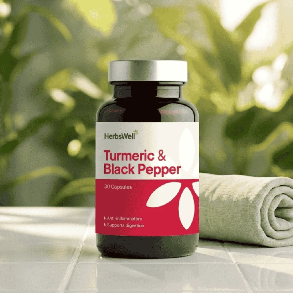 Bottle labeled Turmeric & Black Pepper supplement on a tiled counter with a rolled towel nearby.